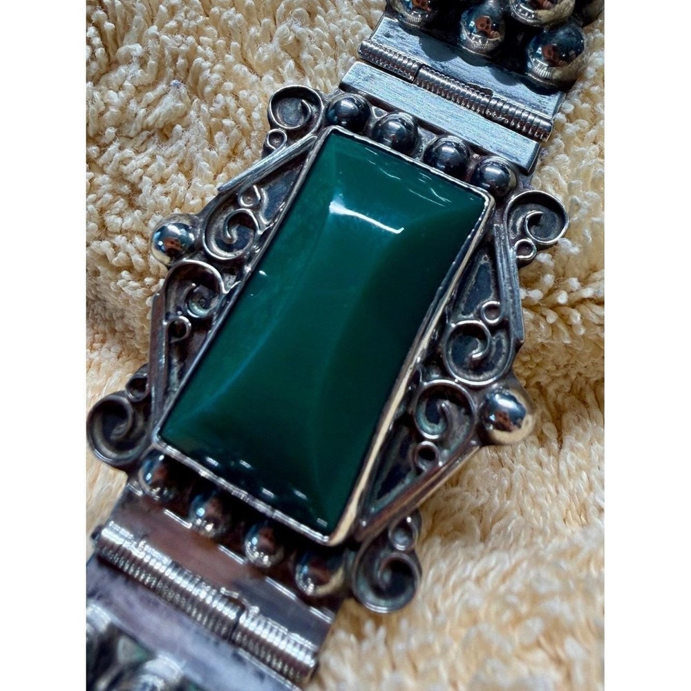 Vintage Mid-Century Mexican Sterling Silver Green Onyx Panel Link Bracelet 7 in - Picture 10 of 16